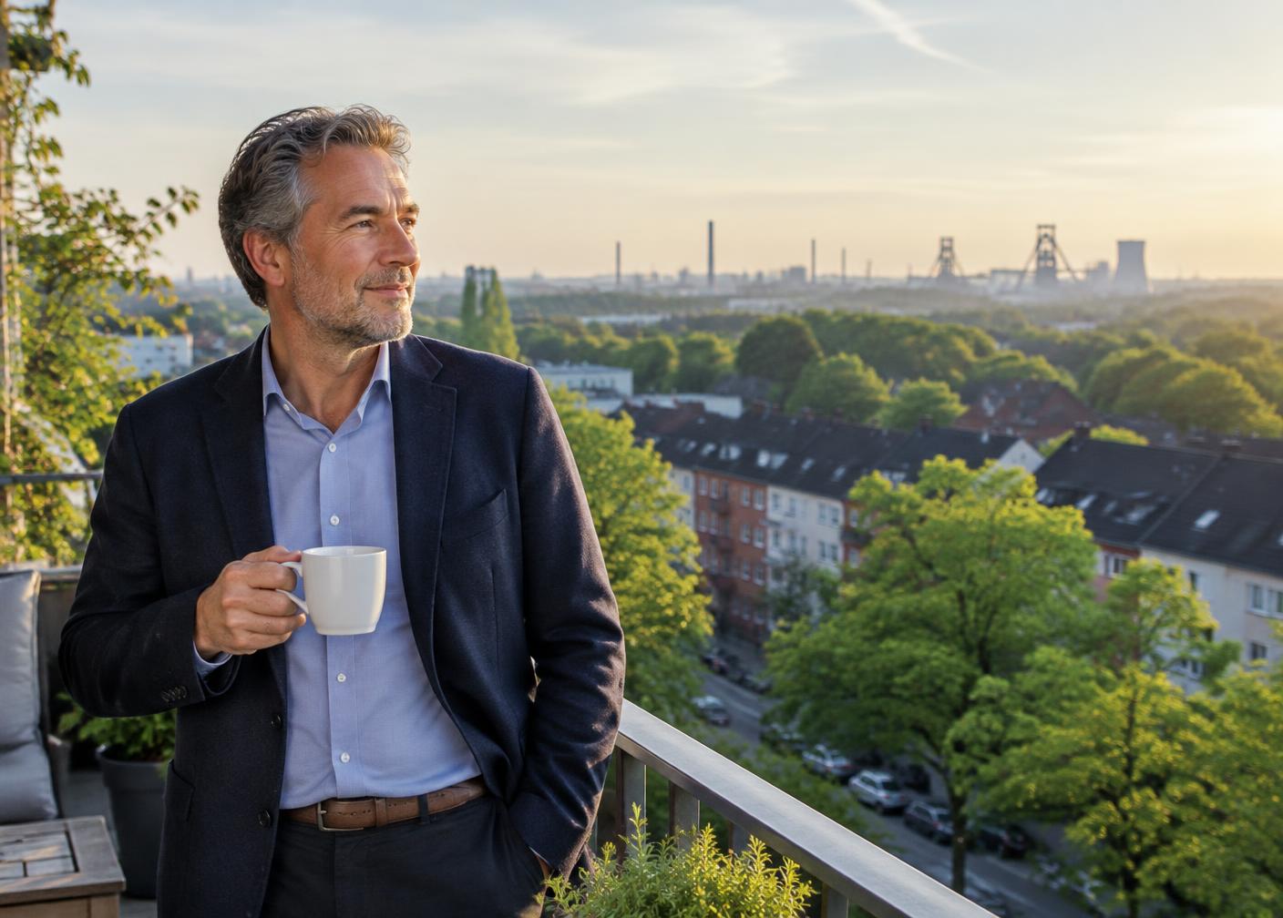 Entspannter Unternehmer mit Kaffee und Blick über ein grünes Ruhrgebietsviertel